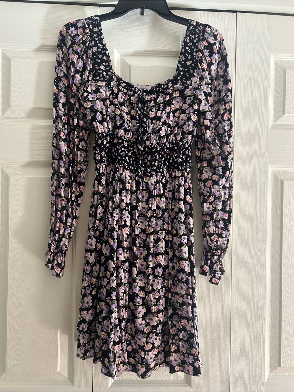 SO Black Floral Smocked-Waist Long Sleeve Dress with Light Purple Flowers
